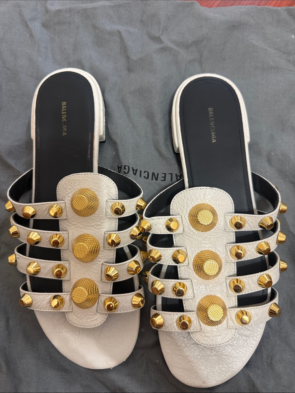 Authentic Balenciaga White Leather Slide Mules with Gold Stud Embellishments